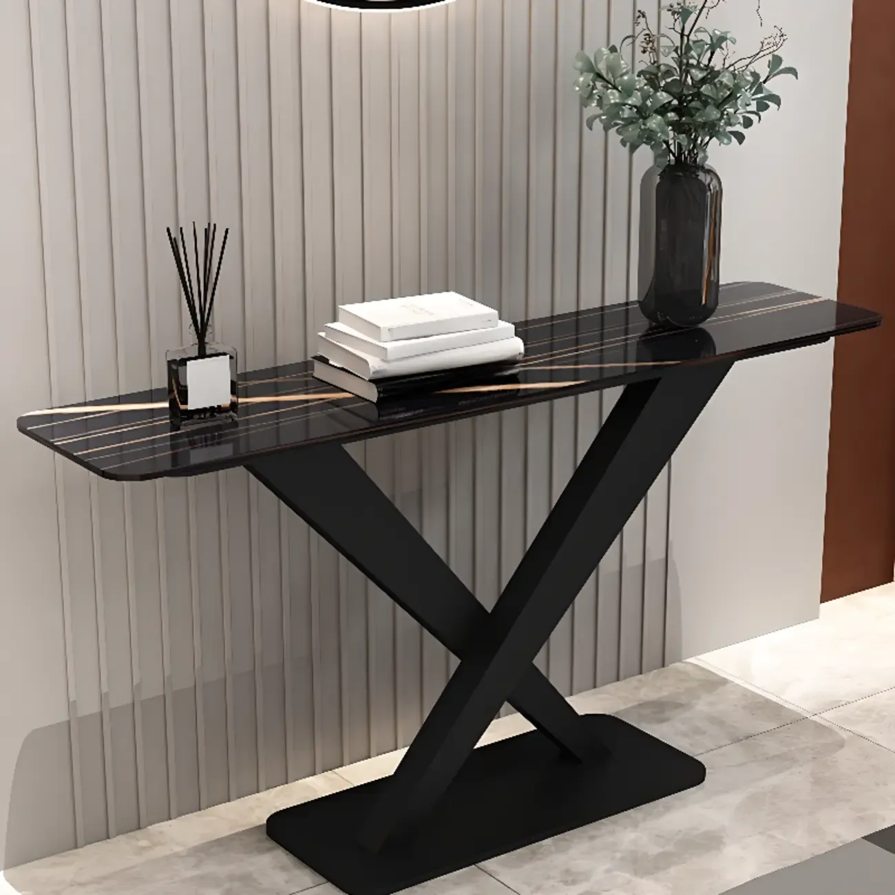 Modern Stone Console Table with Metal Cross Legs Image - 4