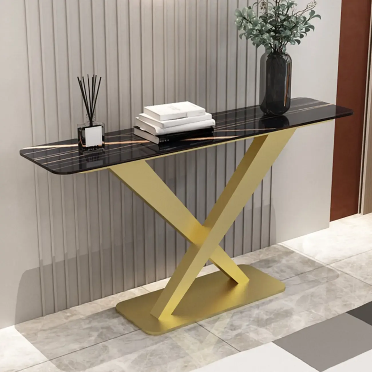 Modern Stone Console Table with Metal Cross Legs Image - 5