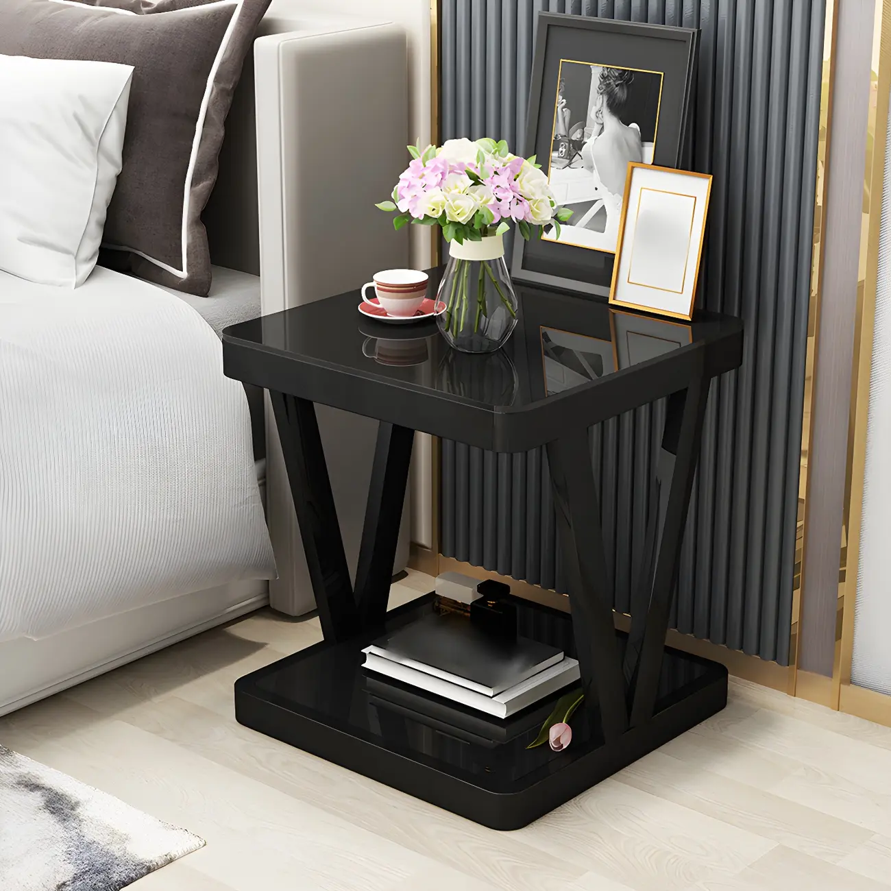 Modern Black Bedside Table with Glass Top and Open Storage Image - 1 | homeyfad