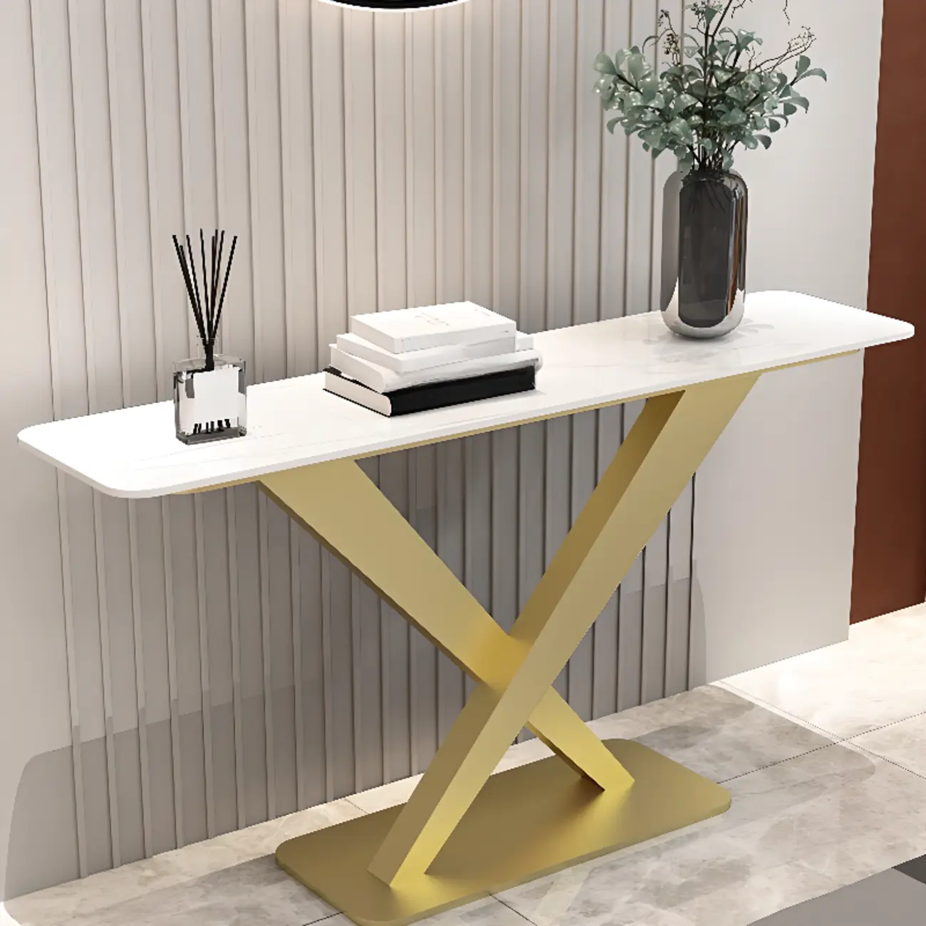 Modern Stone Console Table with Metal Cross Legs Image - 6 | homeyfad