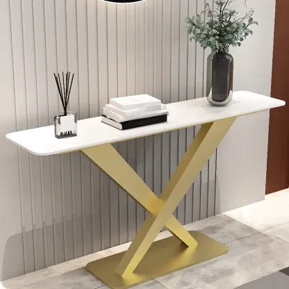 Modern Stone Console Table with Metal Cross Legs Image - 6
