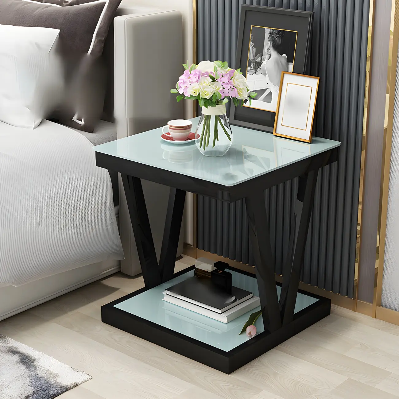 Modern Black Bedside Table with Glass Top and Open Storage Image - 2 | homeyfad