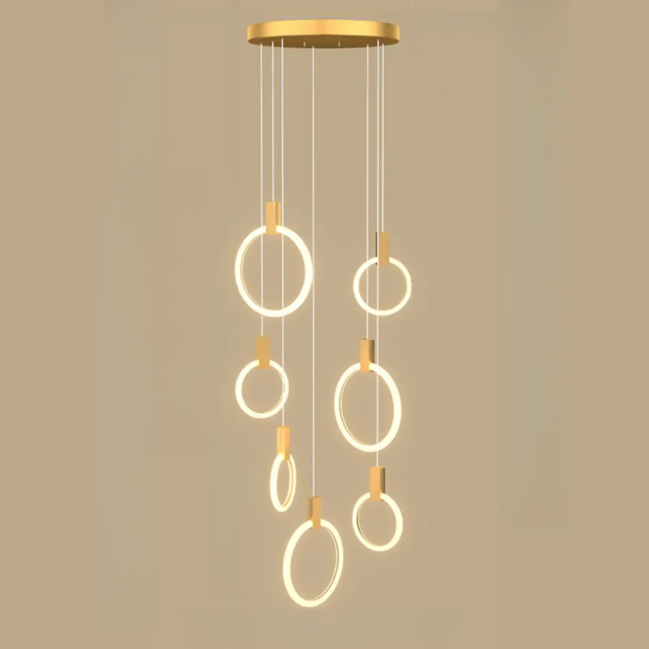 Customizable Gold Ring LED Cluster Pendant Light for Staircase Image - 14