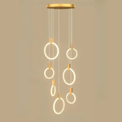 Customizable Gold Ring LED Cluster Pendant Light for Staircase Image - 14