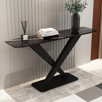 Modern Stone Console Table with Metal Cross Legs Image - 7