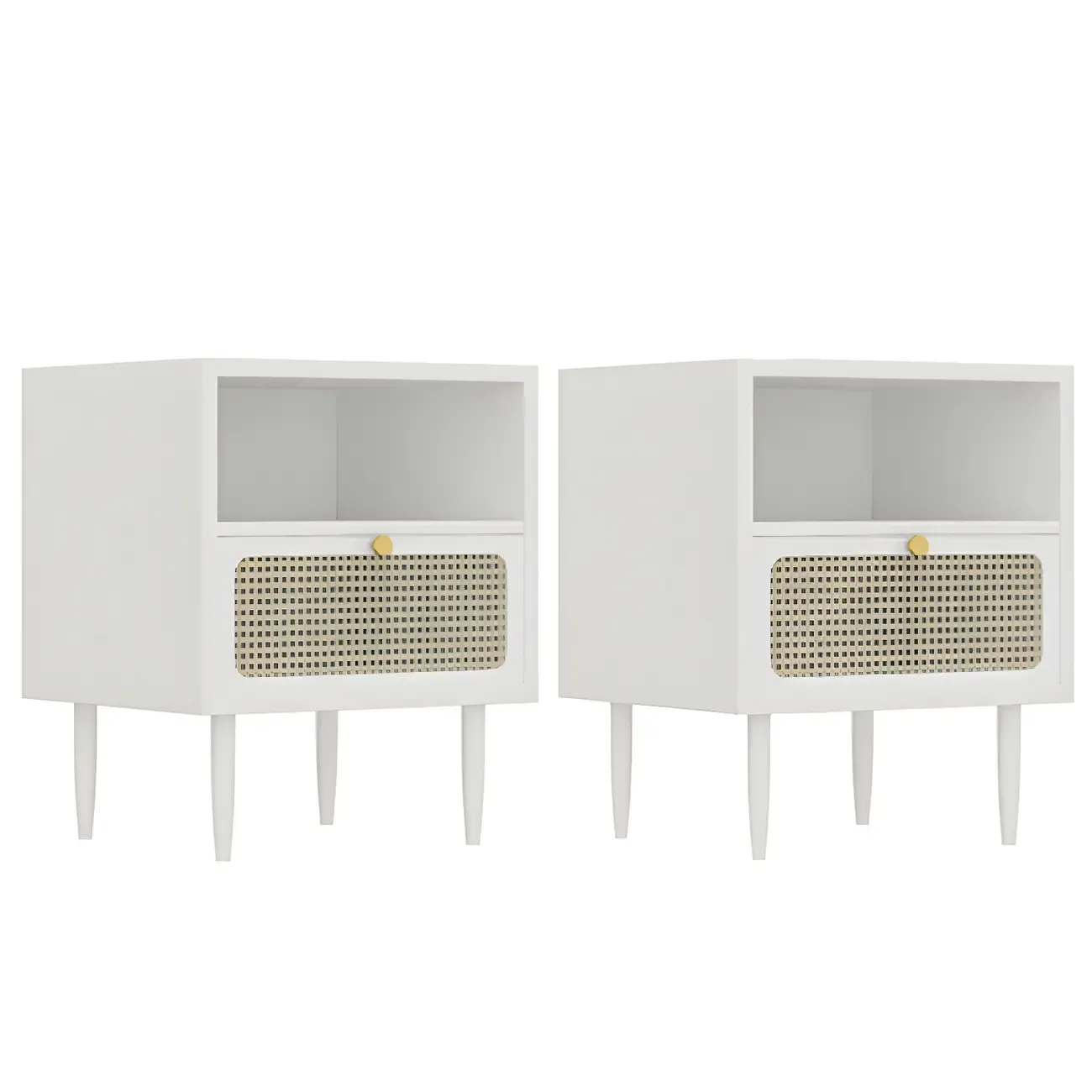 Classic Black Wooden Bedside Table with Wicker Storage Drawers Image - 5