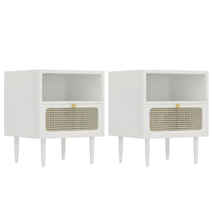 Classic Black Wooden Bedside Table with Wicker Storage Drawers Image - 5