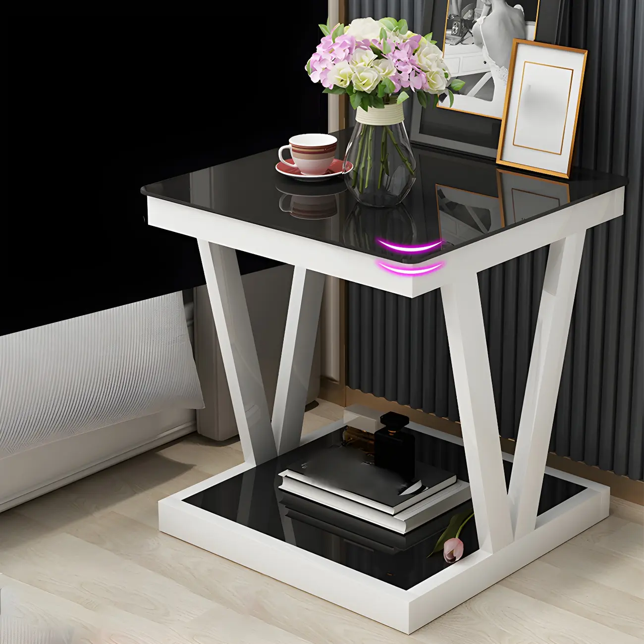 Modern Black Bedside Table with Glass Top and Open Storage Image - 3 | homeyfad
