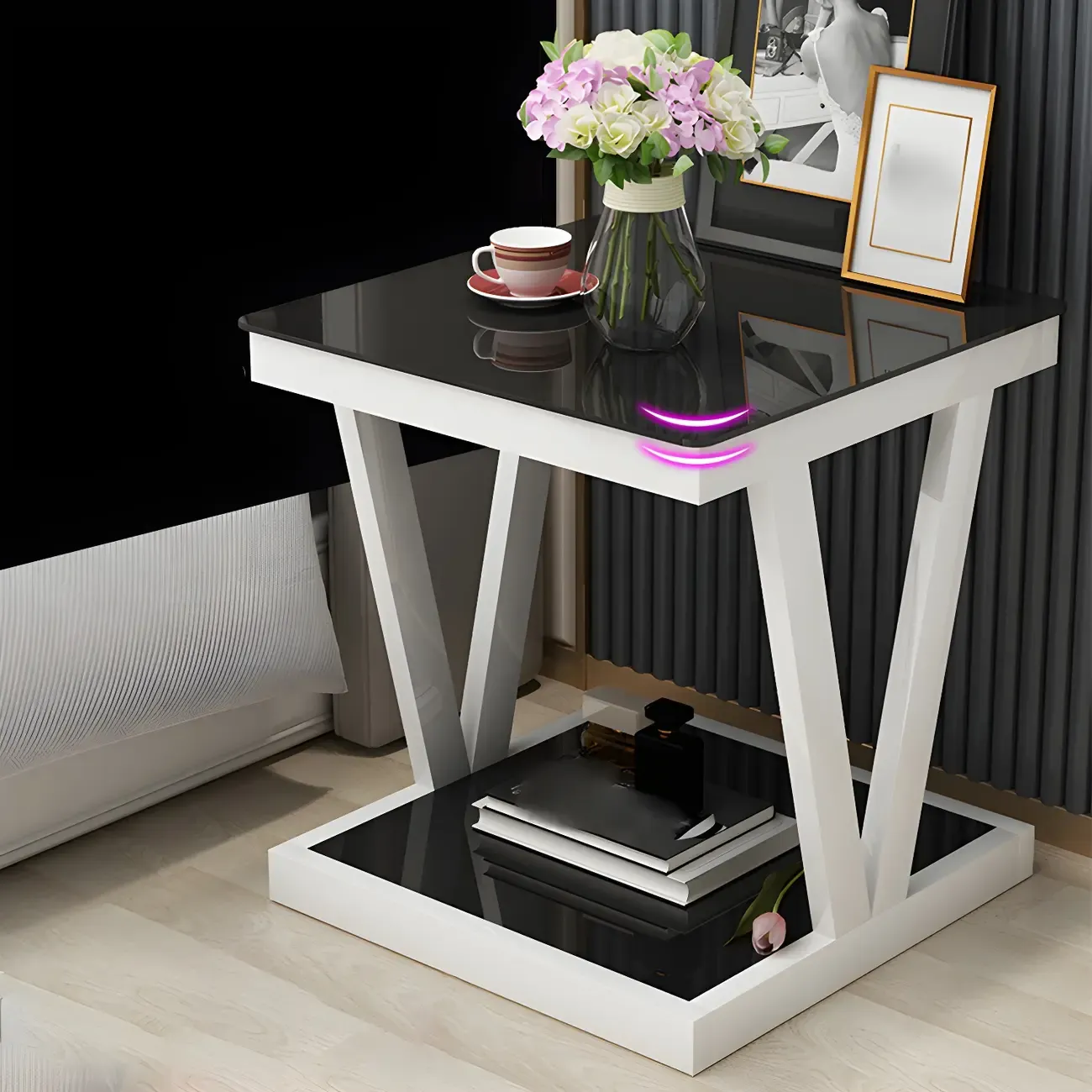Modern Black Bedside Table with Glass Top and Open Storage Image - 3