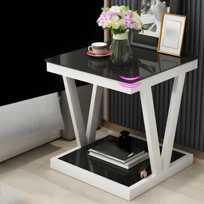 Modern Black Bedside Table with Glass Top and Open Storage Image - 3