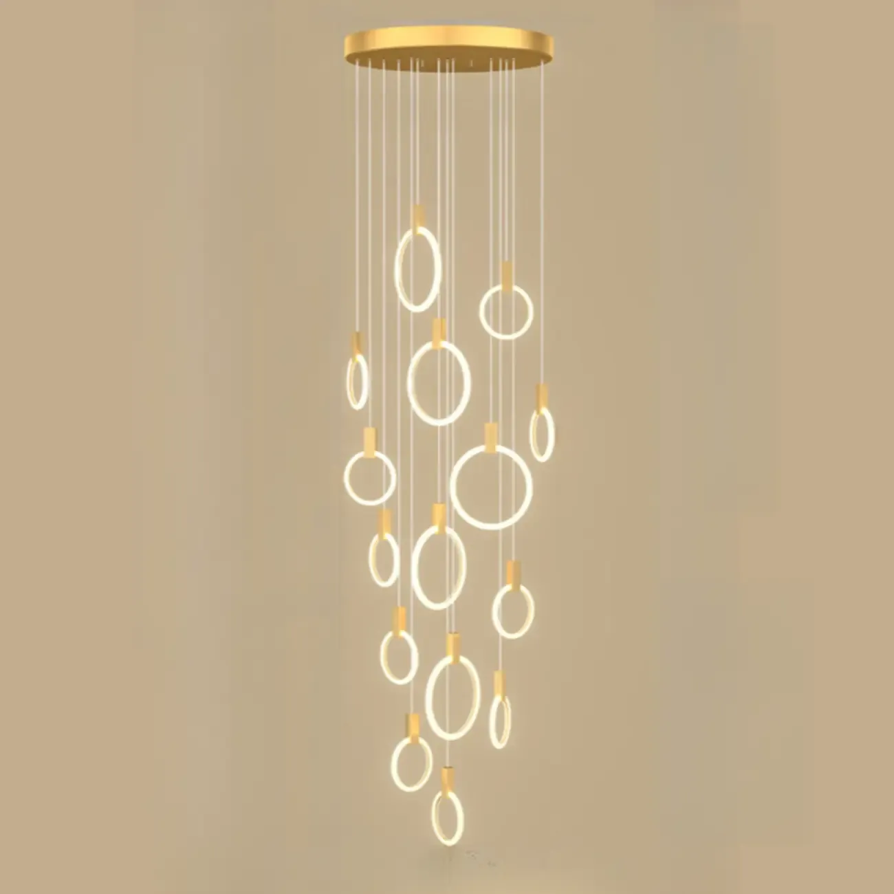 Customizable Gold Ring LED Cluster Pendant Light for Staircase Image - 16