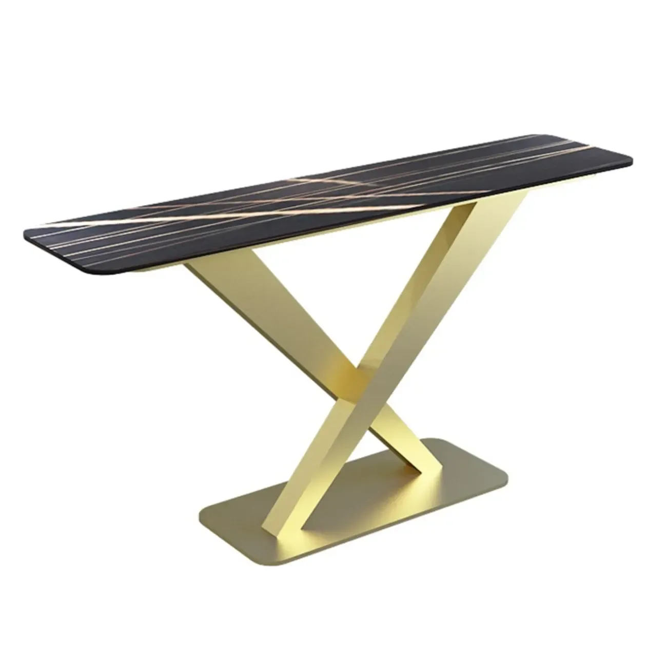 Modern Stone Console Table with Metal Cross Legs Image - 9