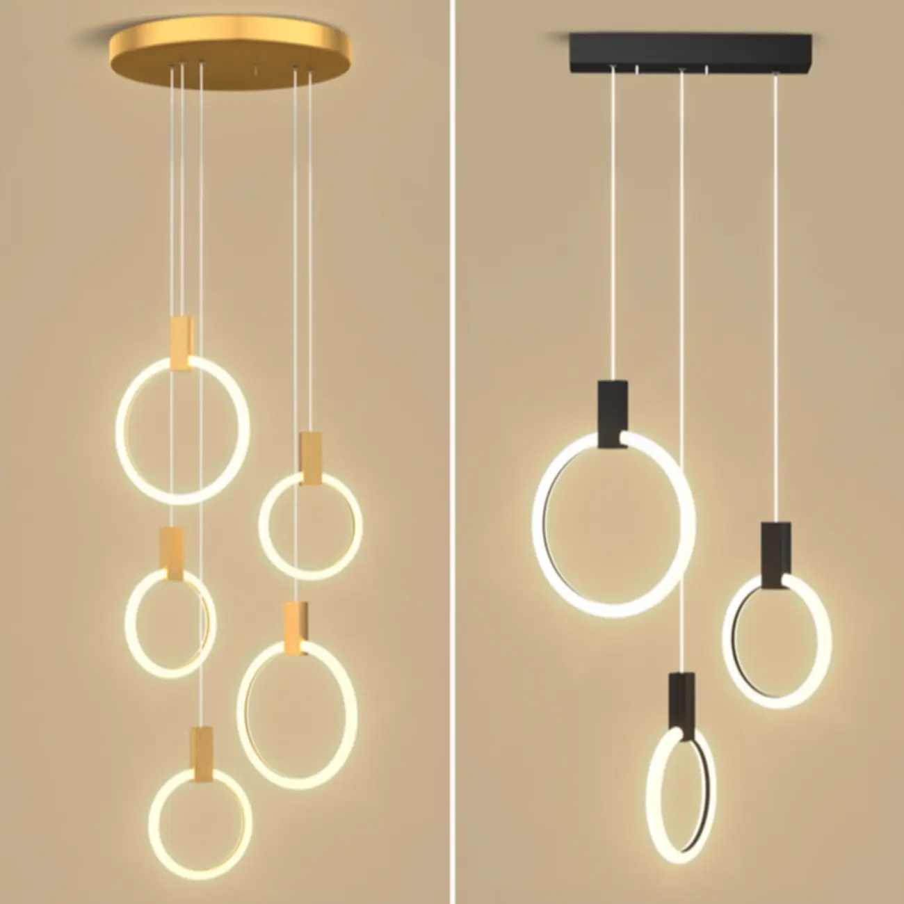 Customizable Gold Ring LED Cluster Pendant Light for Staircase Image - 19 | homeyfad