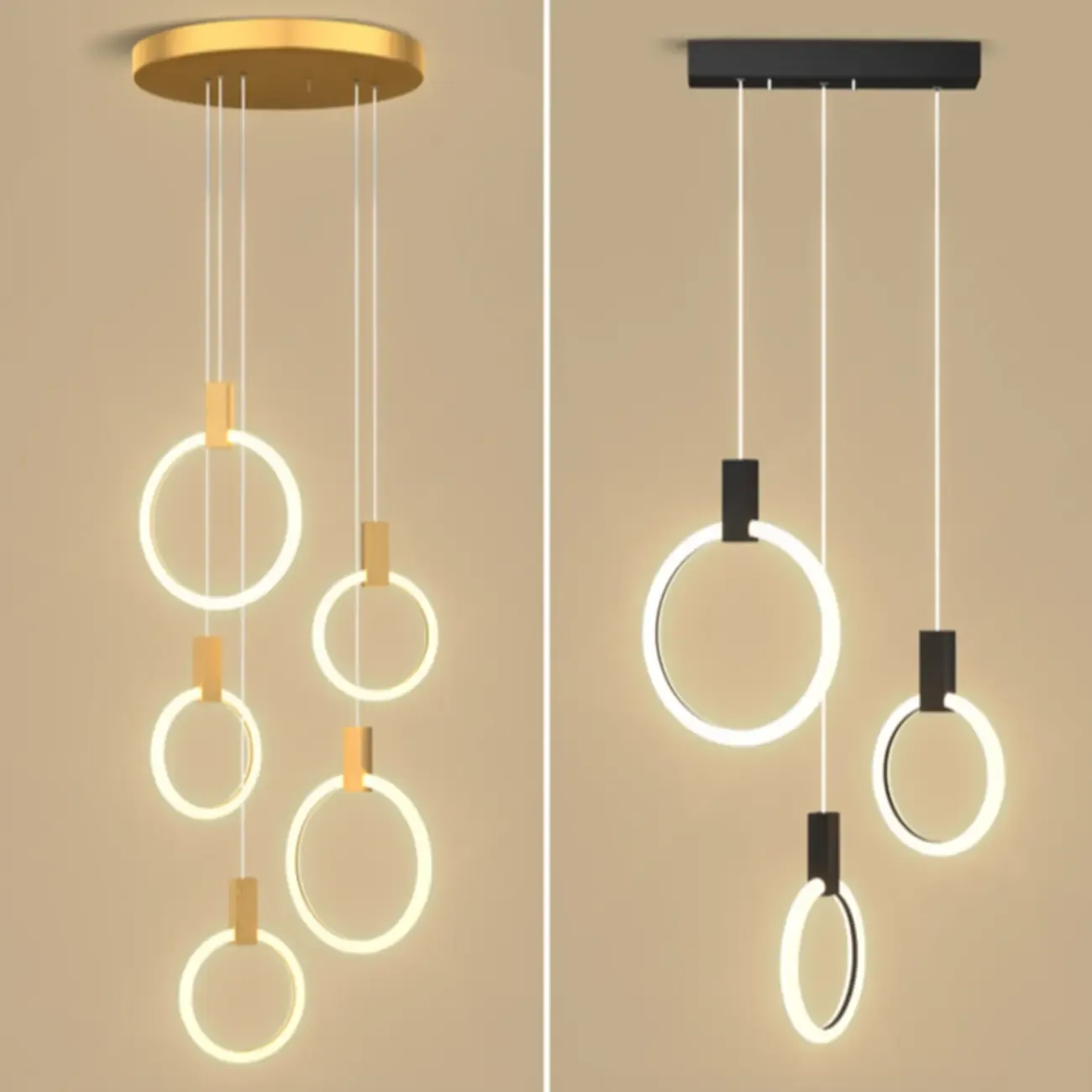 Customizable Gold Ring LED Cluster Pendant Light for Staircase Image - 19