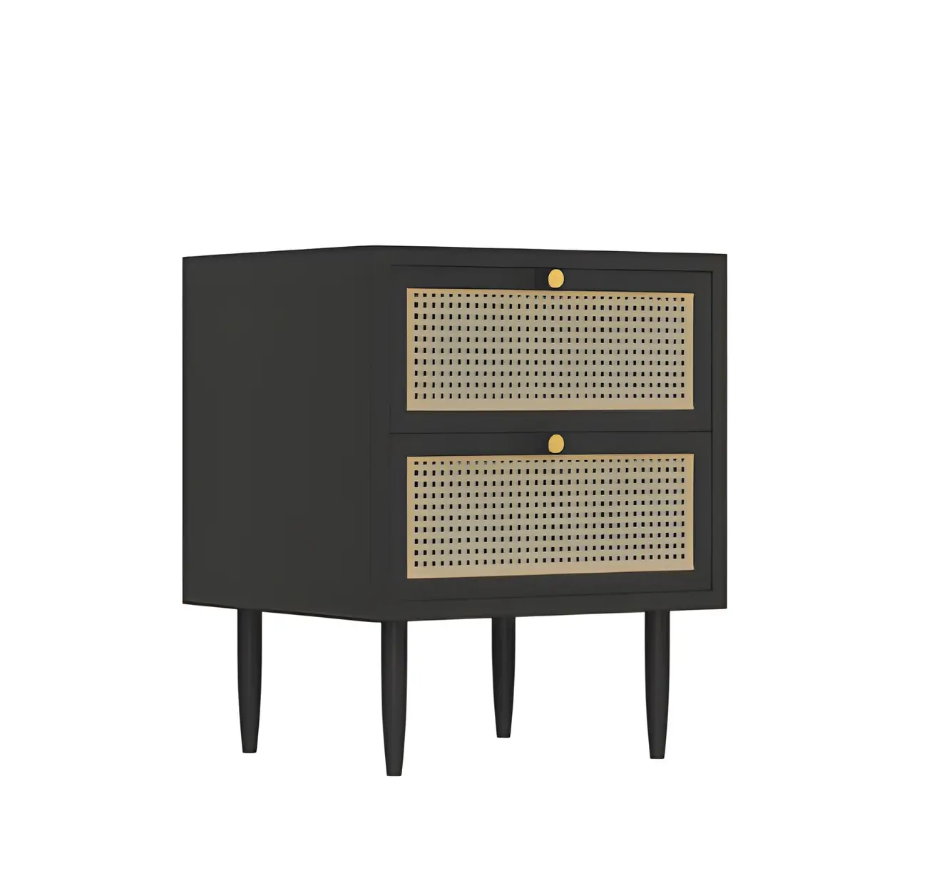 Classic Black Wooden Bedside Table with Wicker Storage Drawers Image - 8 | homeyfad