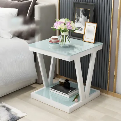 Modern Black Bedside Table with Glass Top and Open Storage Image - 5