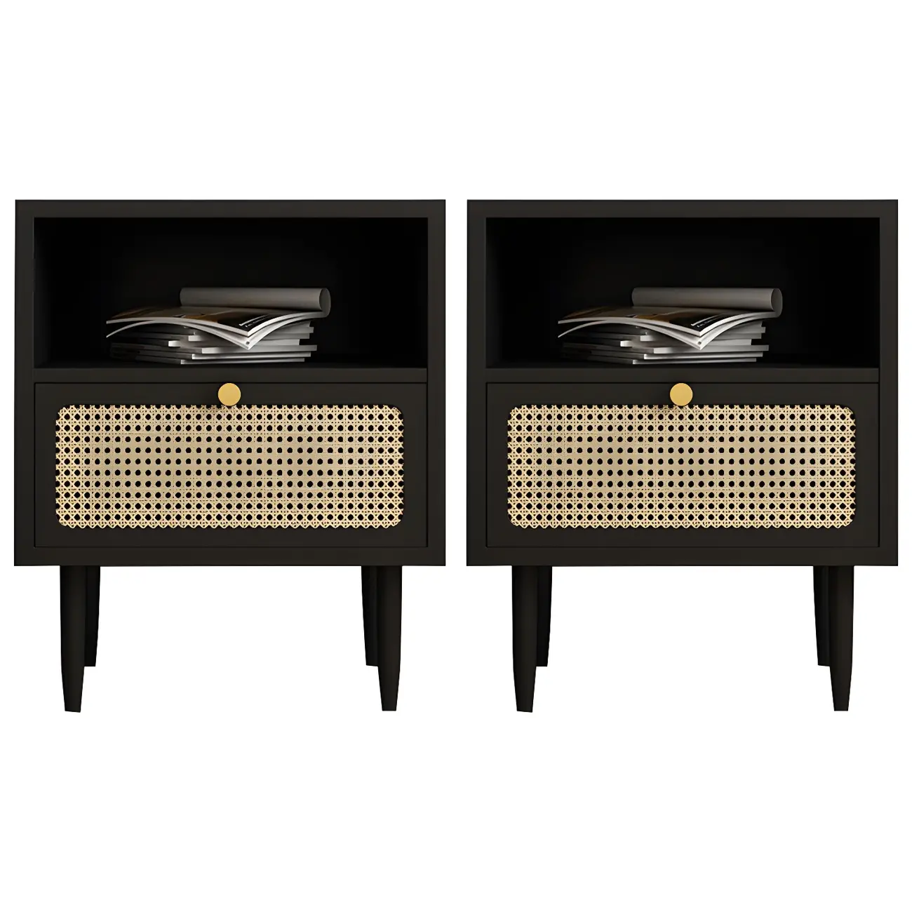 Classic Black Wooden Bedside Table with Wicker Storage Drawers Image - 9 | homeyfad