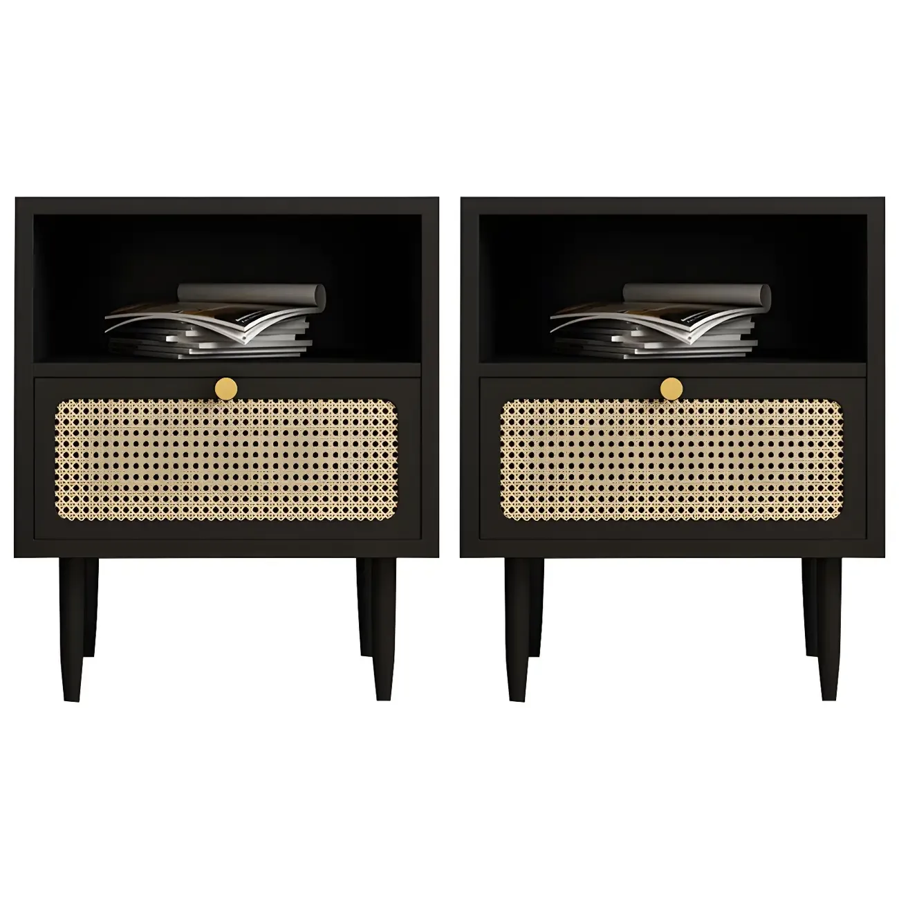 Classic Black Wooden Bedside Table with Wicker Storage Drawers Image - 9