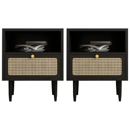 Classic Black Wooden Bedside Table with Wicker Storage Drawers Image - 9