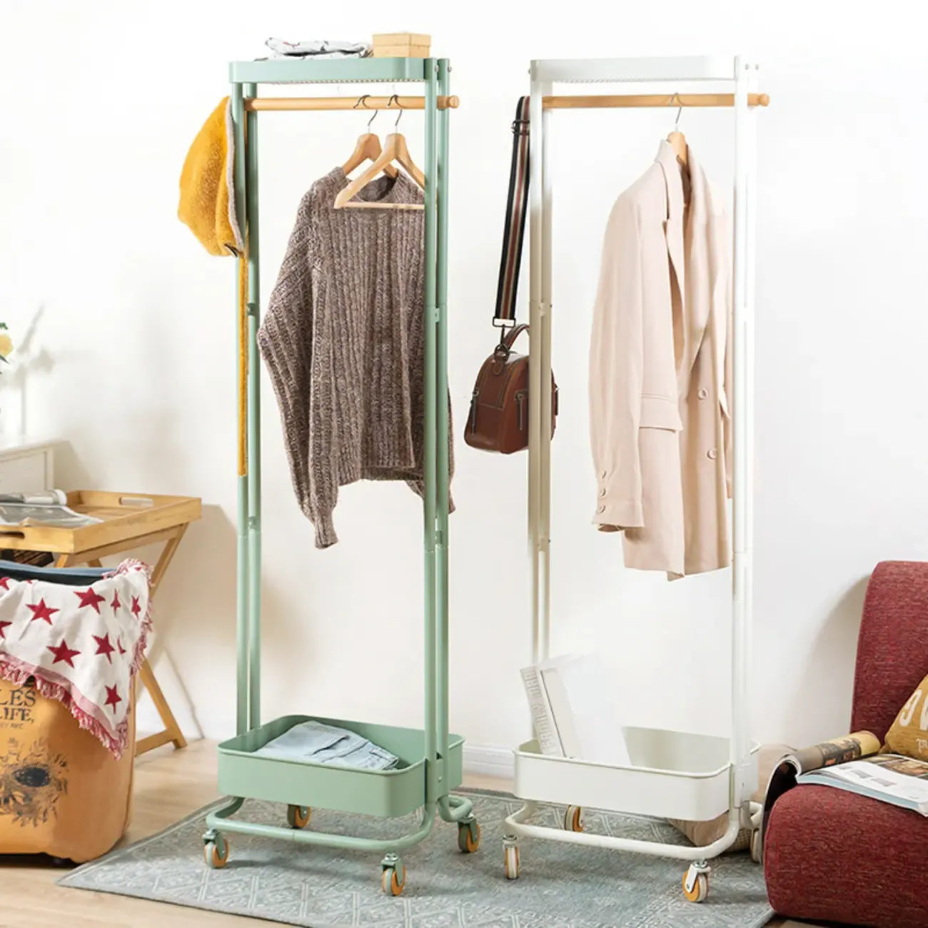 Modern Metal Coat Rack with Wheels and Basket Image - 1