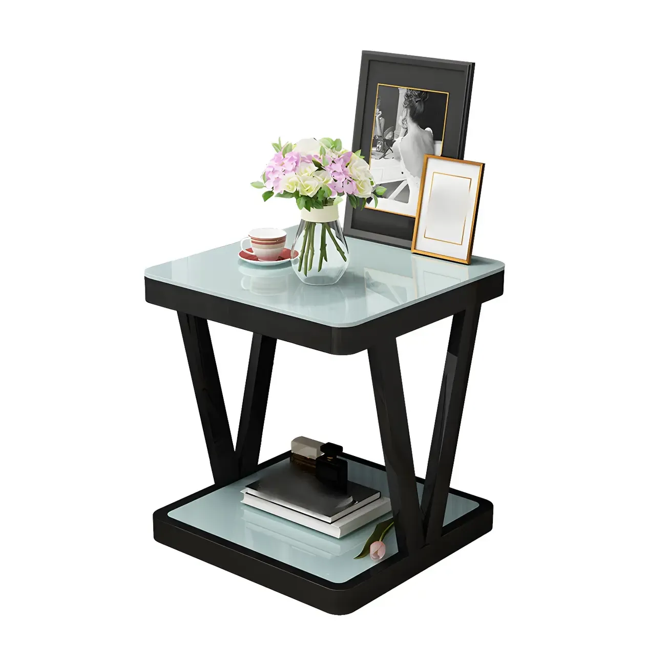 Modern Black Bedside Table with Glass Top and Open Storage Image - 6