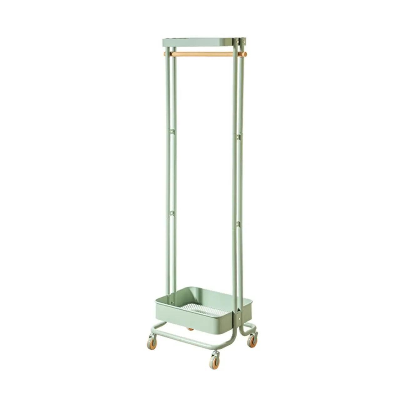 Modern Metal Coat Rack with Wheels and Basket Image - 2