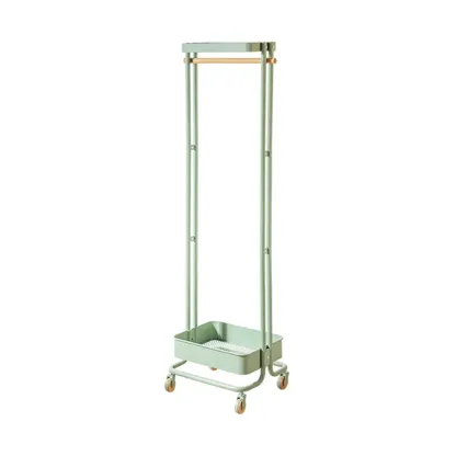 Modern Metal Coat Rack with Wheels and Basket Image - 2