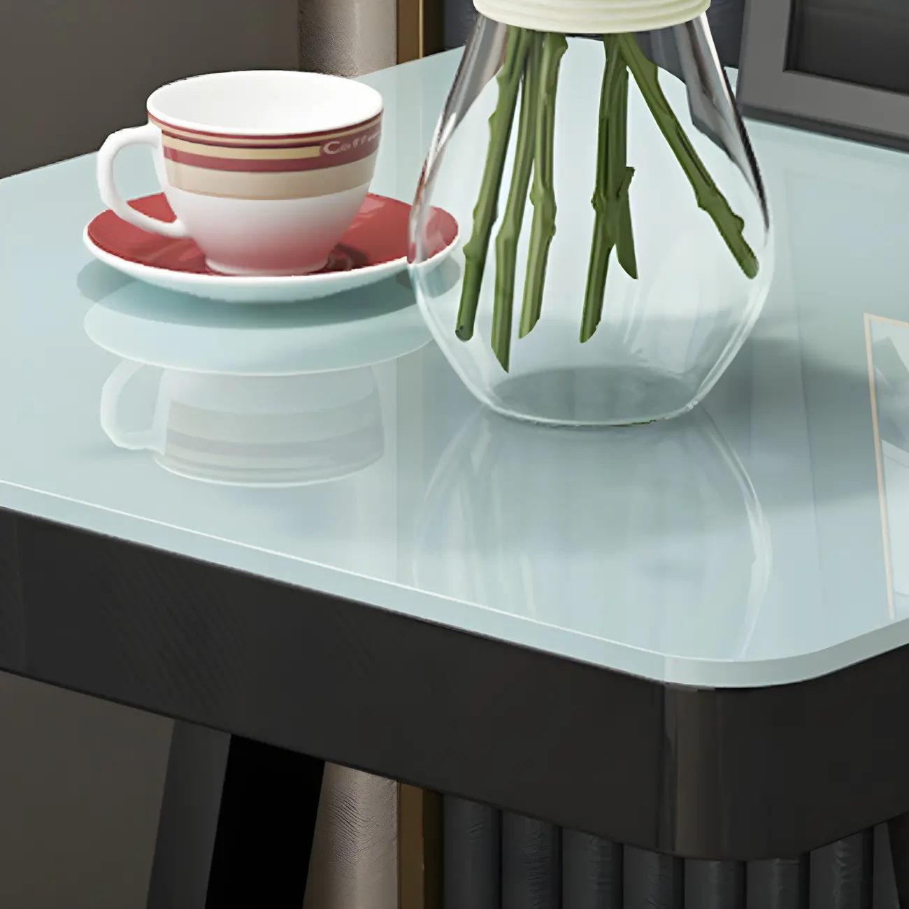 Modern Black Bedside Table with Glass Top and Open Storage Image - 7 | homeyfad