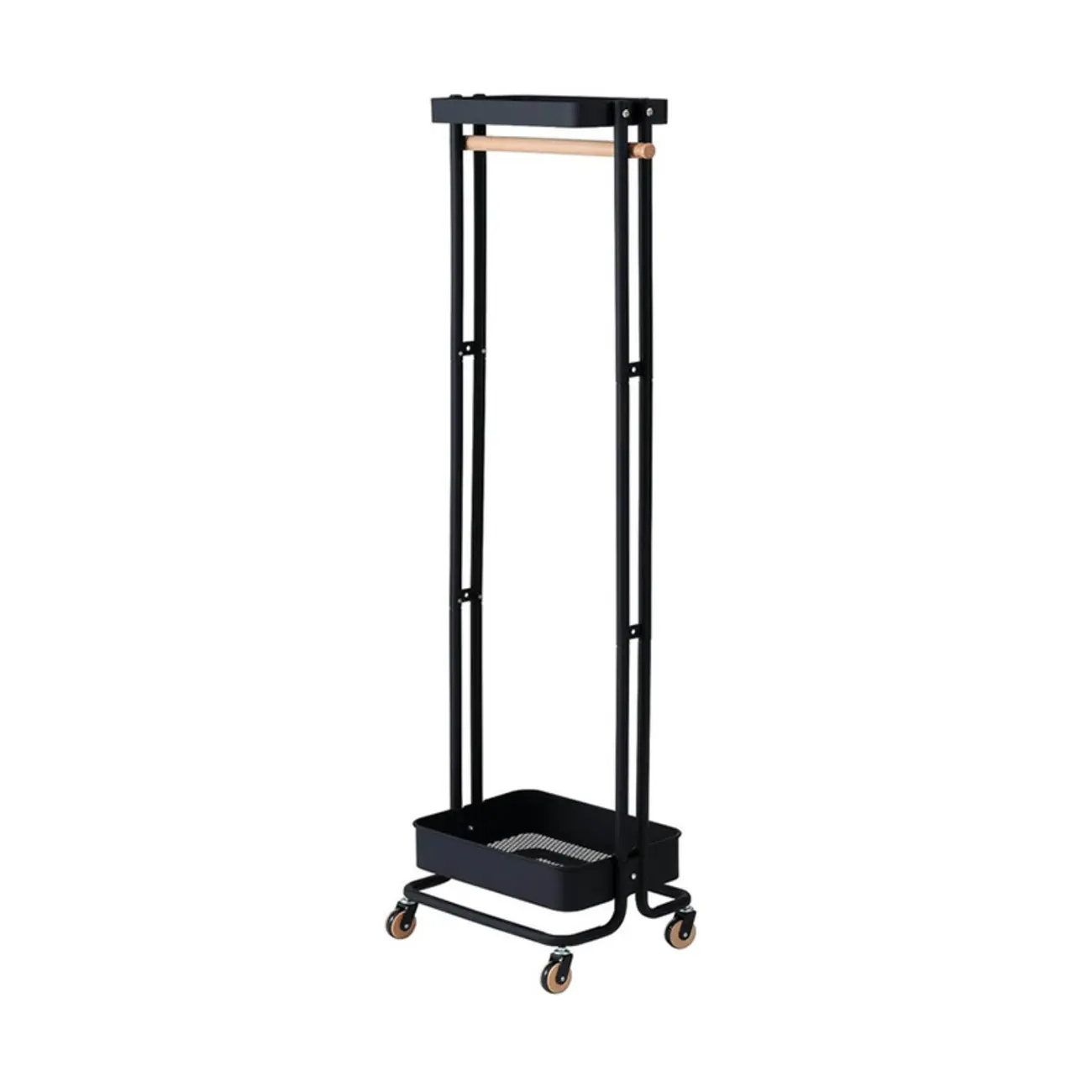Modern Metal Coat Rack with Wheels and Basket Image - 3 | homeyfad