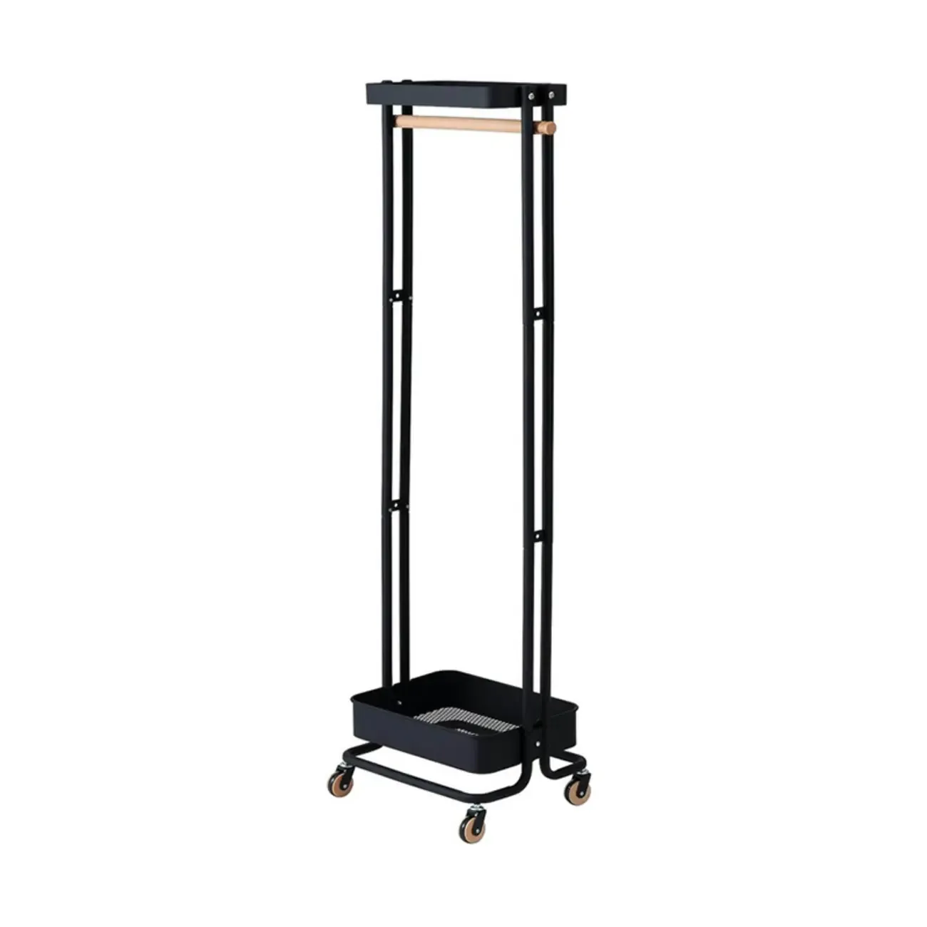 Modern Metal Coat Rack with Wheels and Basket Image - 3