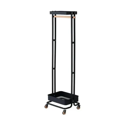 Modern Metal Coat Rack with Wheels and Basket Image - 3