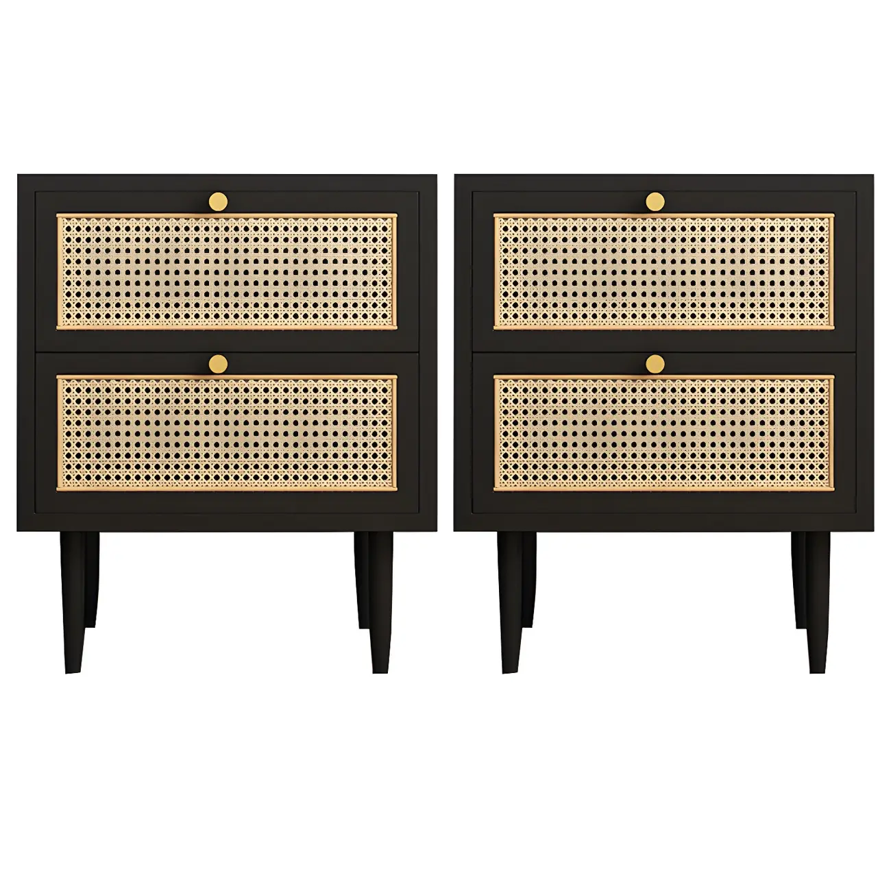 Classic Black Wooden Bedside Table with Wicker Storage Drawers Image - 11 | homeyfad