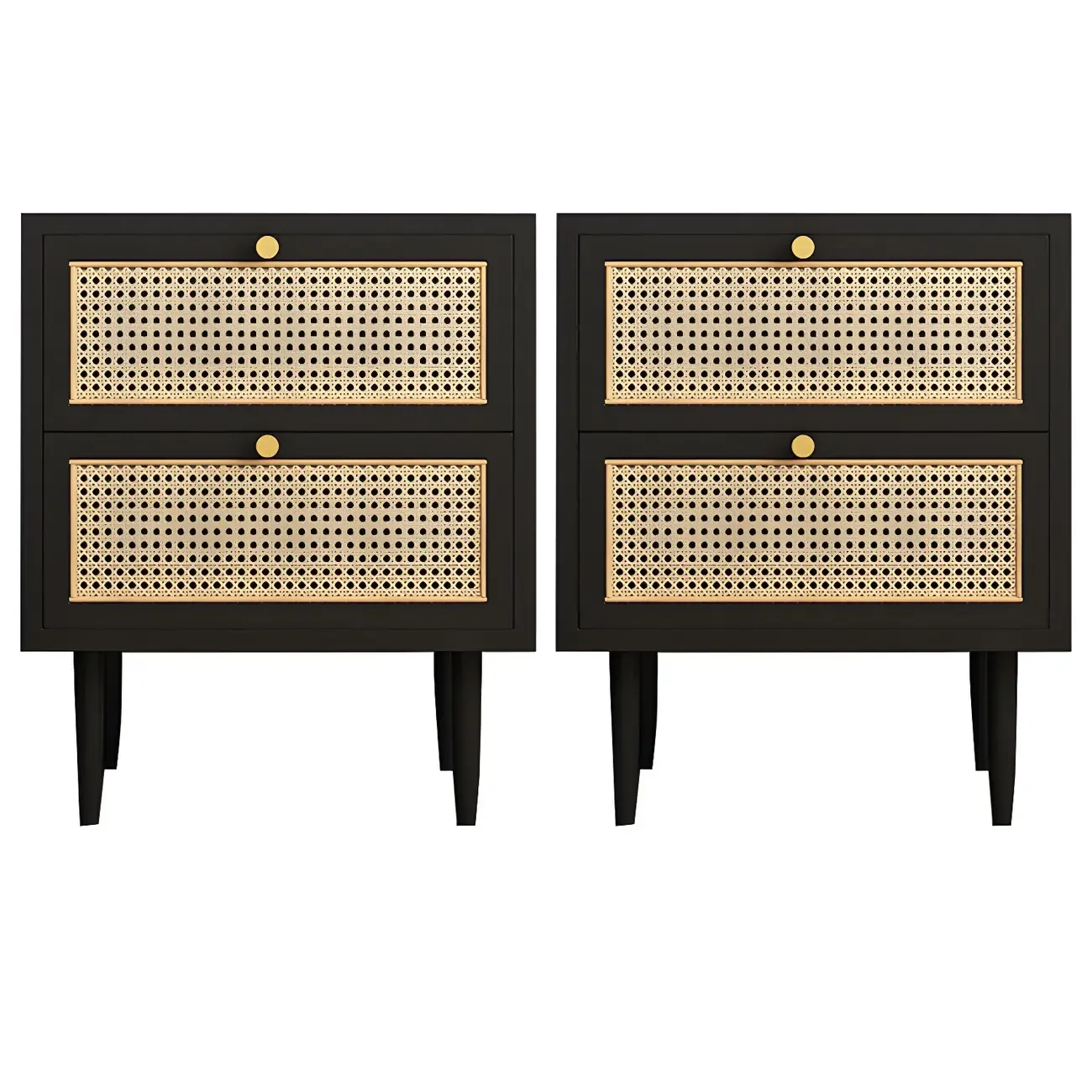 Classic Black Wooden Bedside Table with Wicker Storage Drawers Image - 11