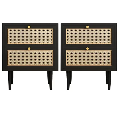 Classic Black Wooden Bedside Table with Wicker Storage Drawers Image - 11
