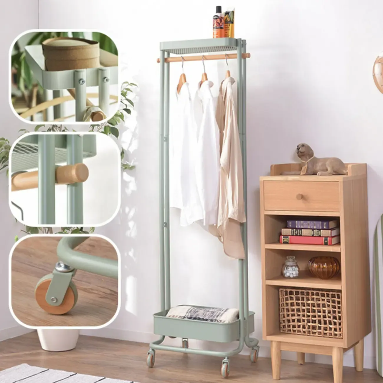 Modern Metal Coat Rack with Wheels and Basket Image - 4