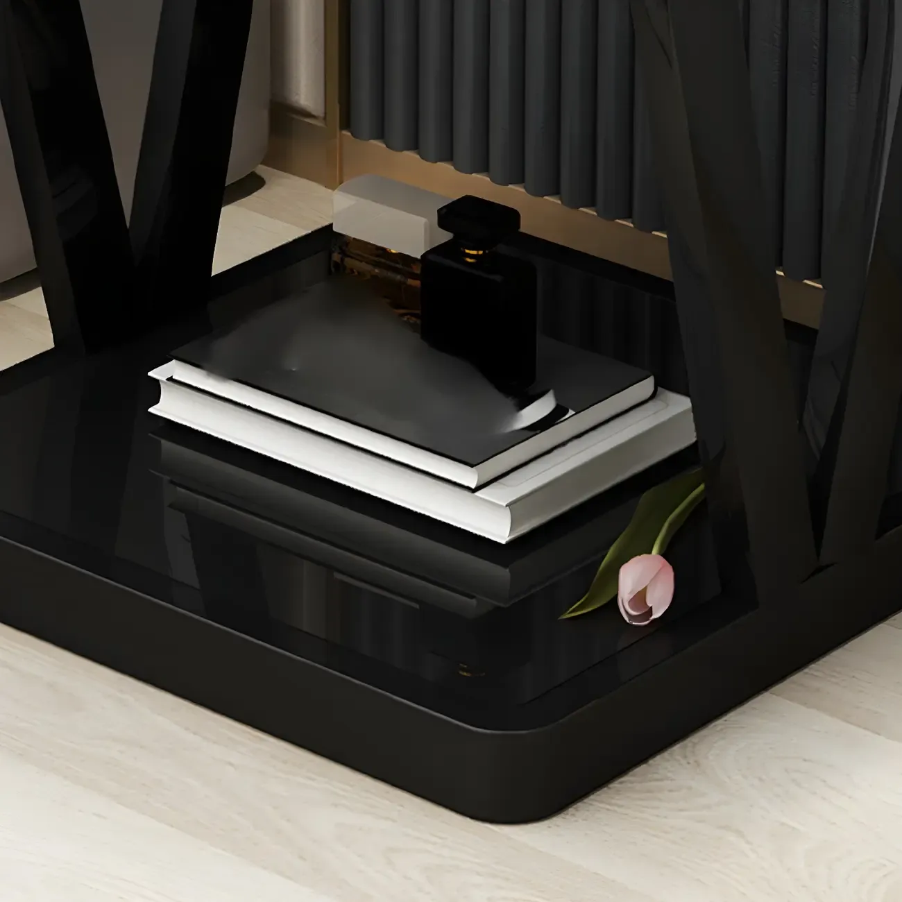 Modern Black Bedside Table with Glass Top and Open Storage Image - 9