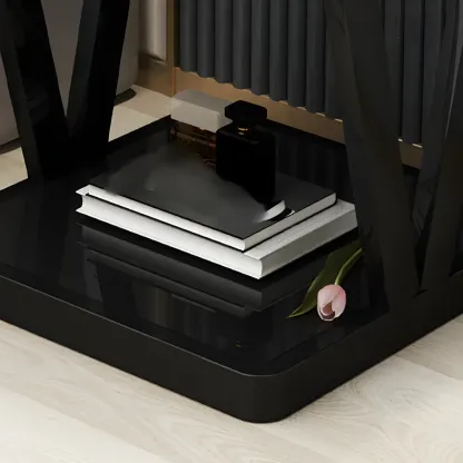 Modern Black Bedside Table with Glass Top and Open Storage Image - 9
