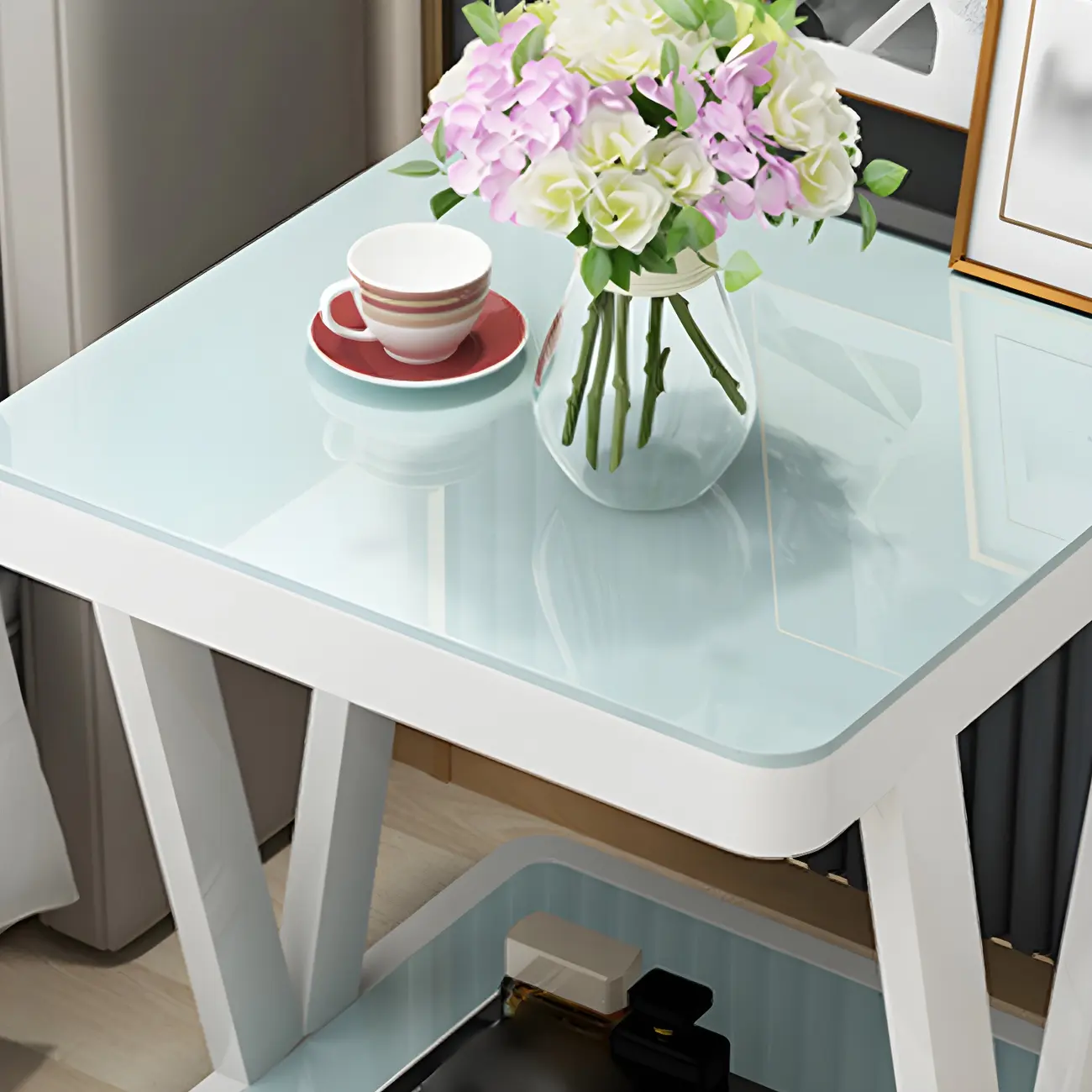 Modern Black Bedside Table with Glass Top and Open Storage Image - 10 | homeyfad