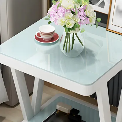 Modern Black Bedside Table with Glass Top and Open Storage Image - 10