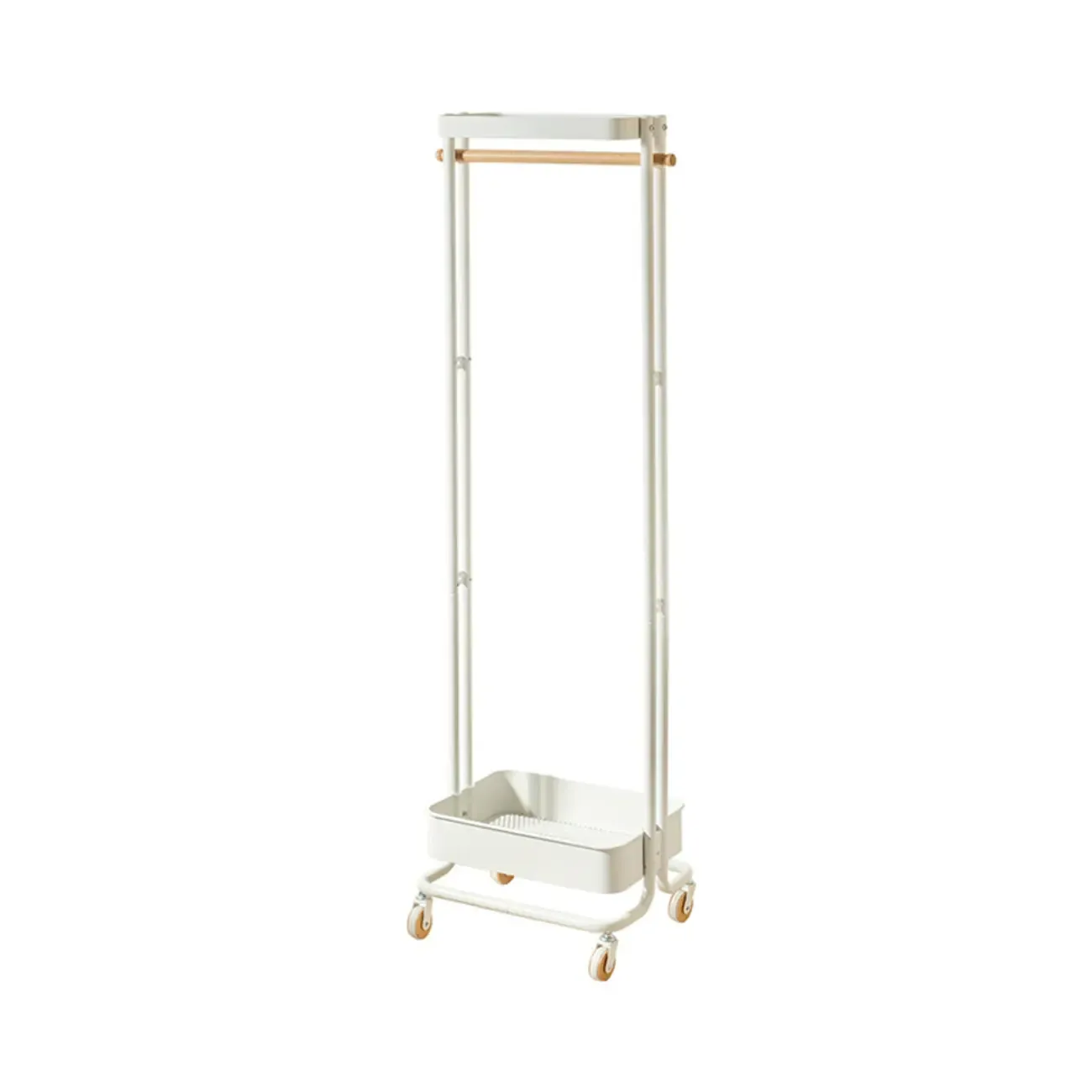 Modern Metal Coat Rack with Wheels and Basket Image - 5