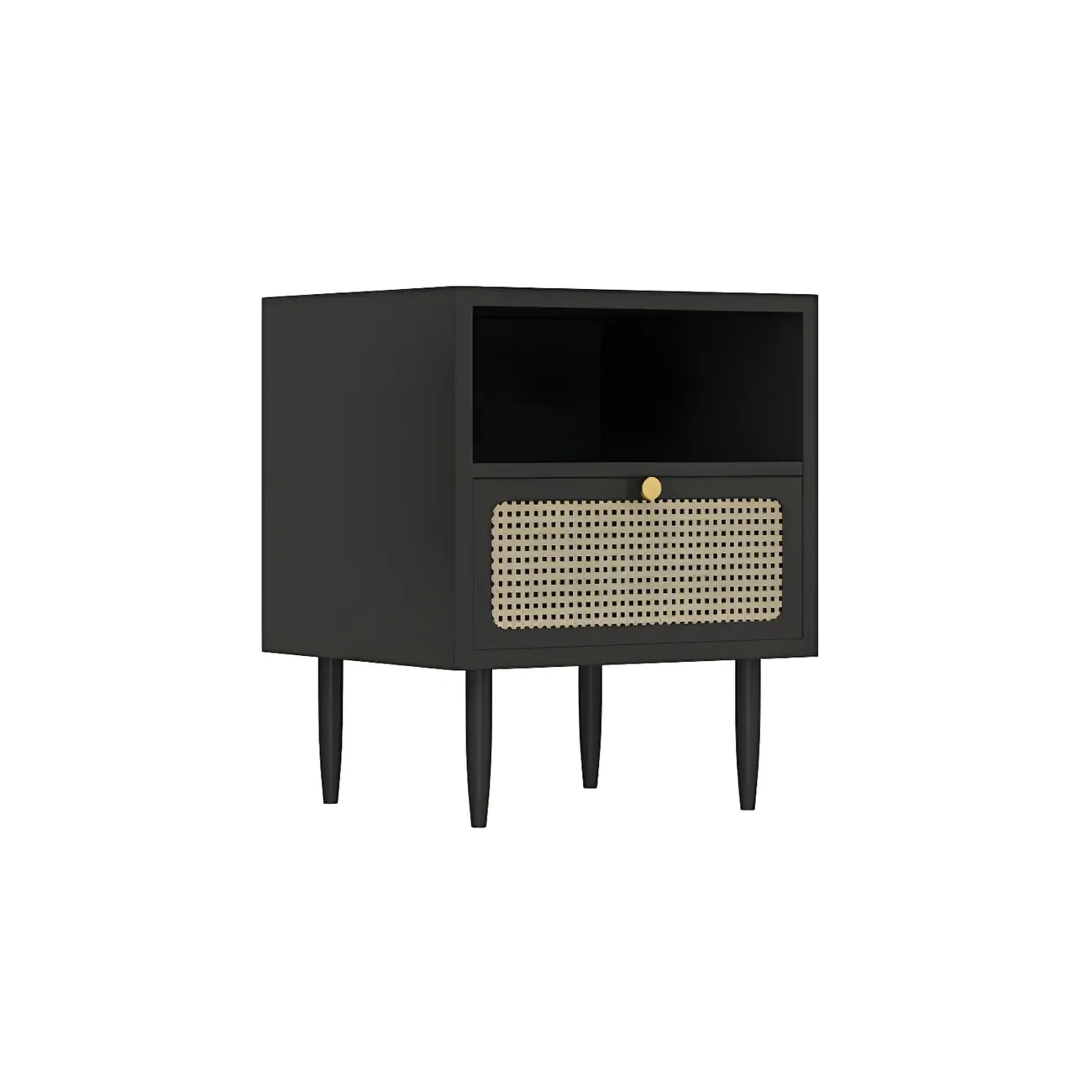 Classic Black Wooden Bedside Table with Wicker Storage Drawers Image - 13