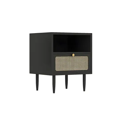 Classic Black Wooden Bedside Table with Wicker Storage Drawers Image - 13