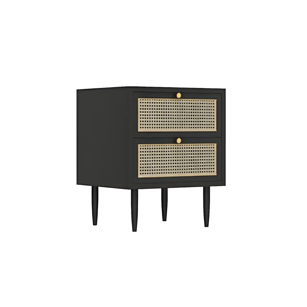 Classic Black Wooden Bedside Table with Wicker Storage Drawers Image - 14