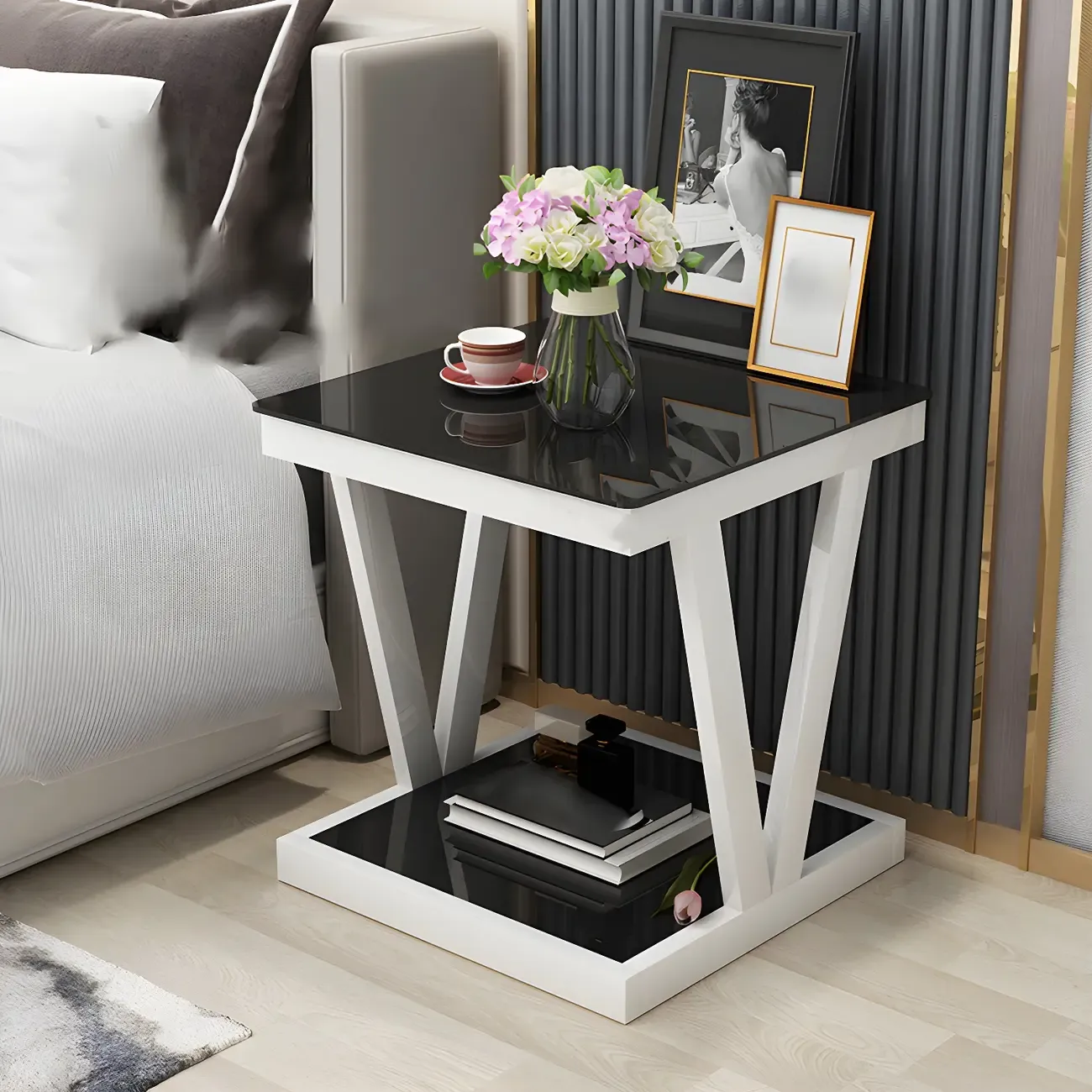 Modern Black Bedside Table with Glass Top and Open Storage Image - 11