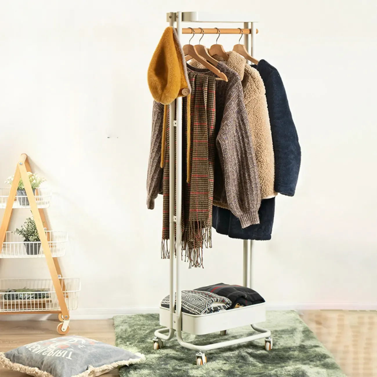 Modern Metal Coat Rack with Wheels and Basket Image - 7