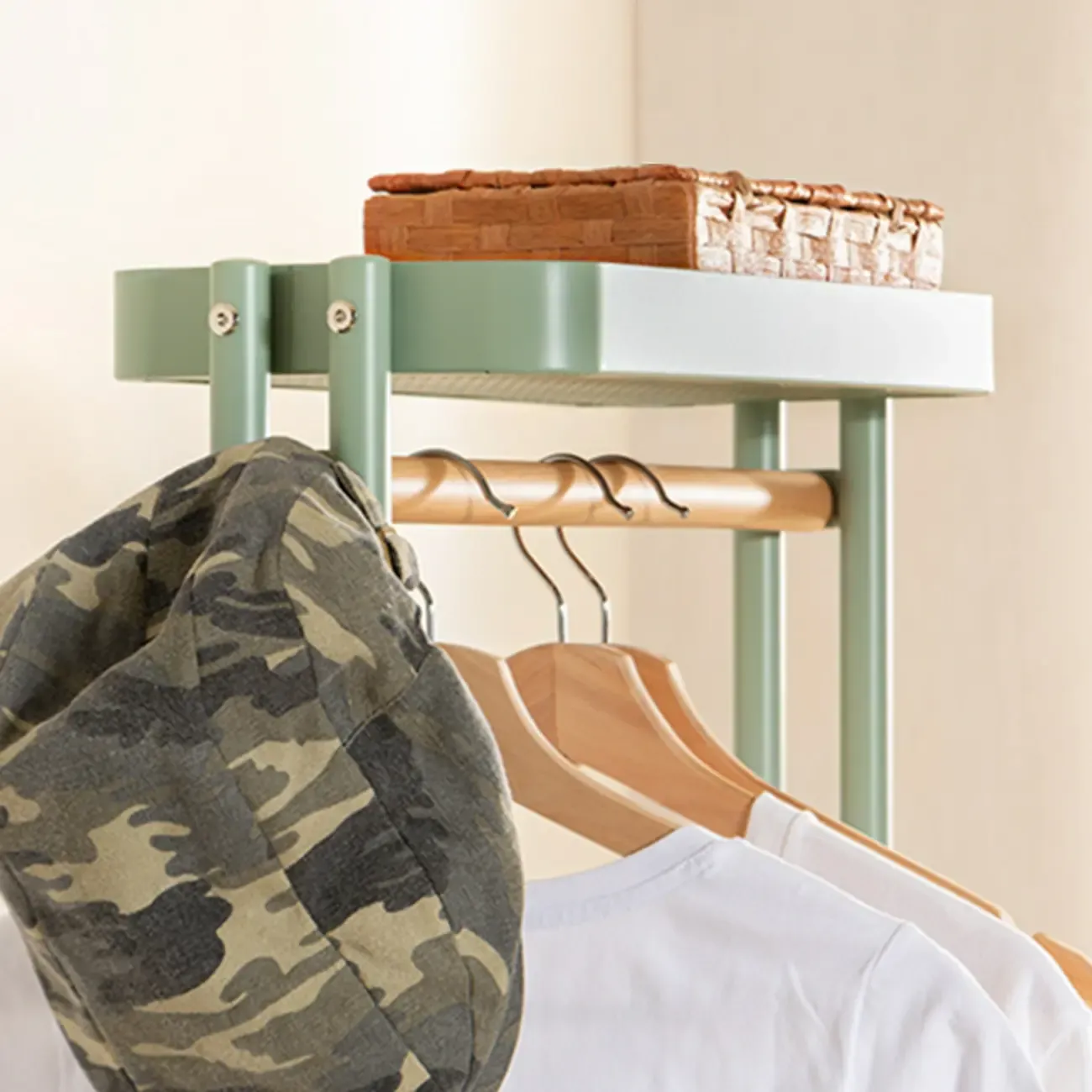 Modern Metal Coat Rack with Wheels and Basket Image - 8