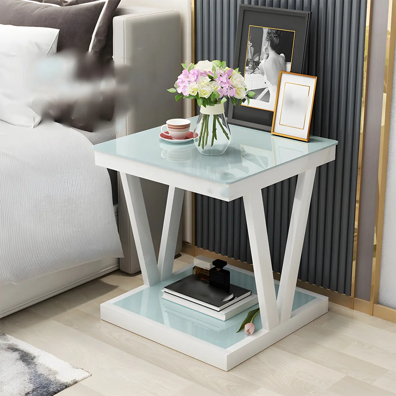 Modern Black Bedside Table with Glass Top and Open Storage Image - 12 | homeyfad