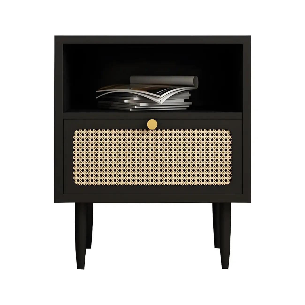 Classic Black Wooden Bedside Table with Wicker Storage Drawers Image - 17