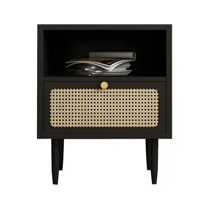 Classic Black Wooden Bedside Table with Wicker Storage Drawers Image - 17