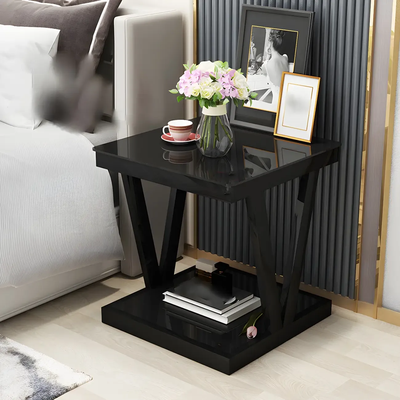Modern Black Bedside Table with Glass Top and Open Storage Image - 13